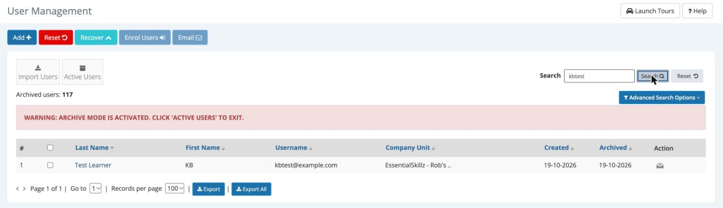 The Archived Users view with the Recover button