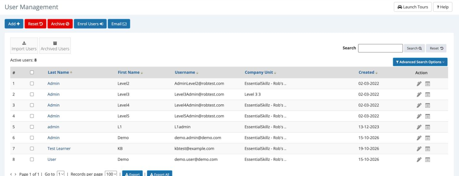The WorkWize User Management page with the Archived Users link